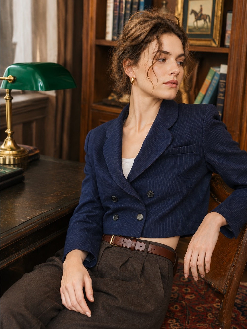 Vintage Navy Worsted Wool Pinstripe Cropped Blazer Dark Academia 90s Mob Wife